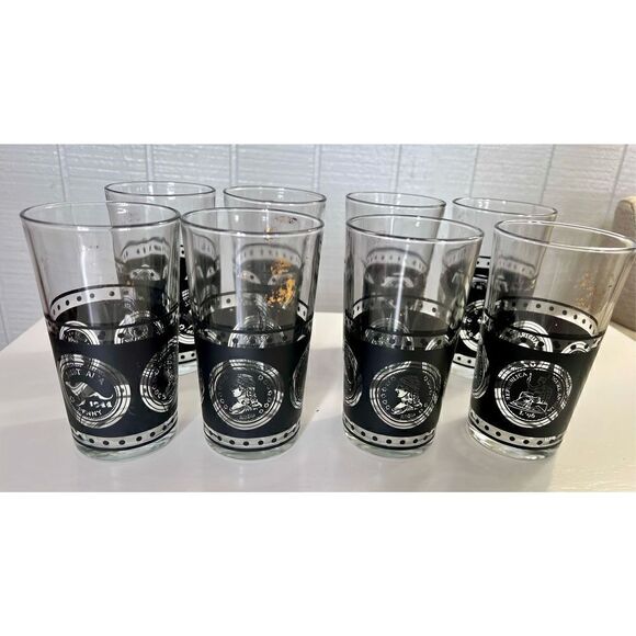 Vtg Hazel Atlas Coins Of the World 8 Glasses, Ice Bucket Black Gold & Caddy MCM - Picture 9 of 16